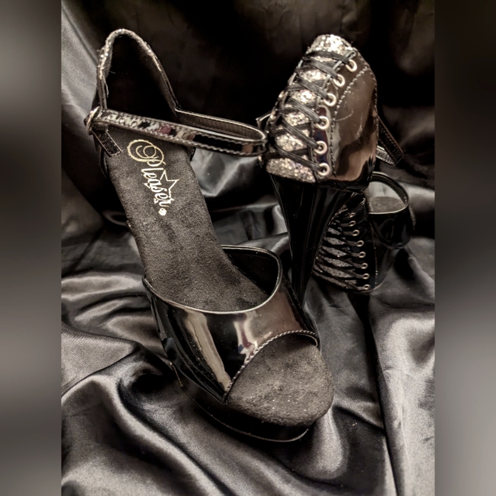Pleaser "Delight" Black Patent & Silver Glitter Corset Platform, 6" Heels - Sz 7
